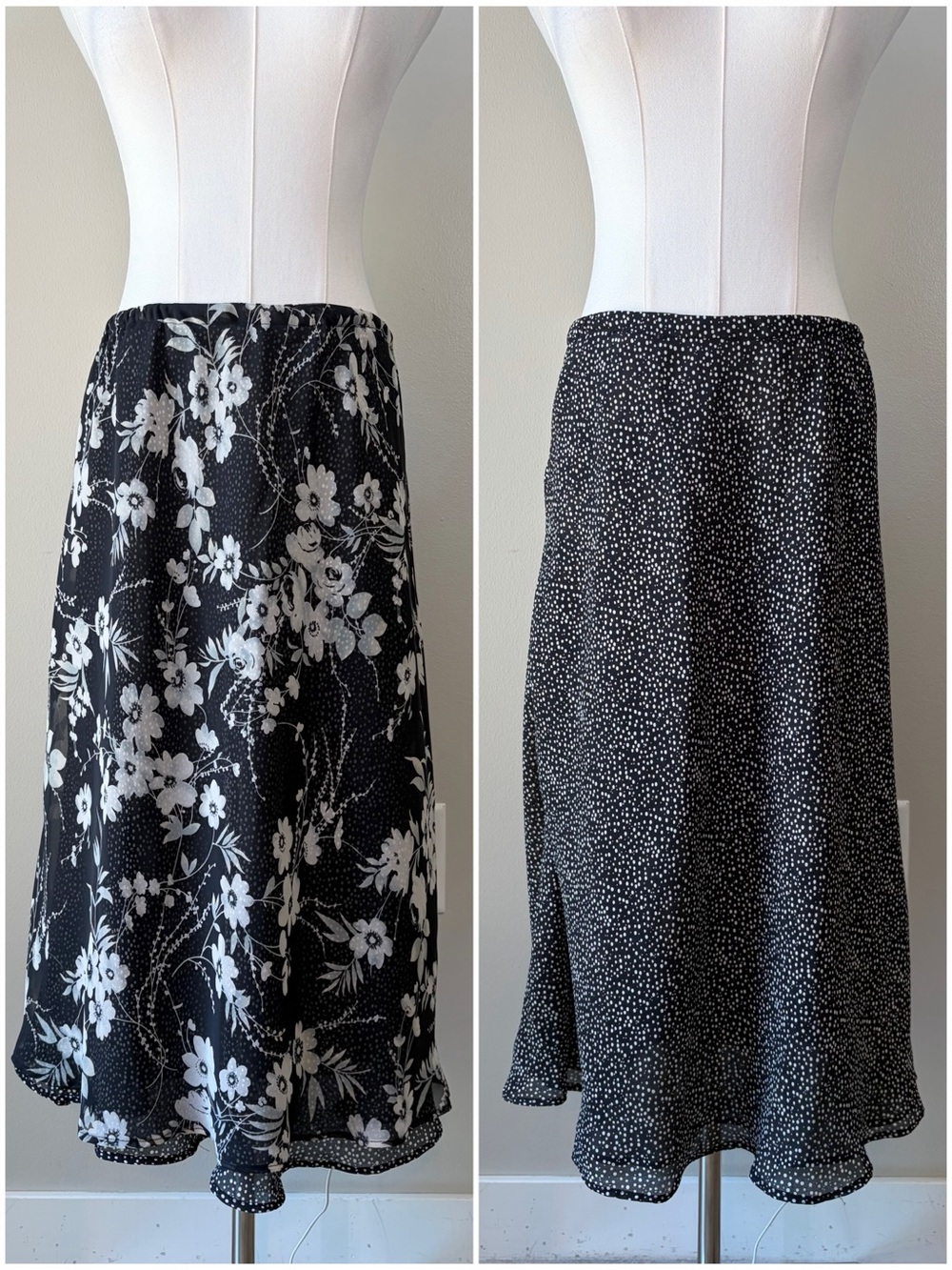 Notations Y2K Reversible Sheer Midi Skirt Polka Dot and Floral Patterned